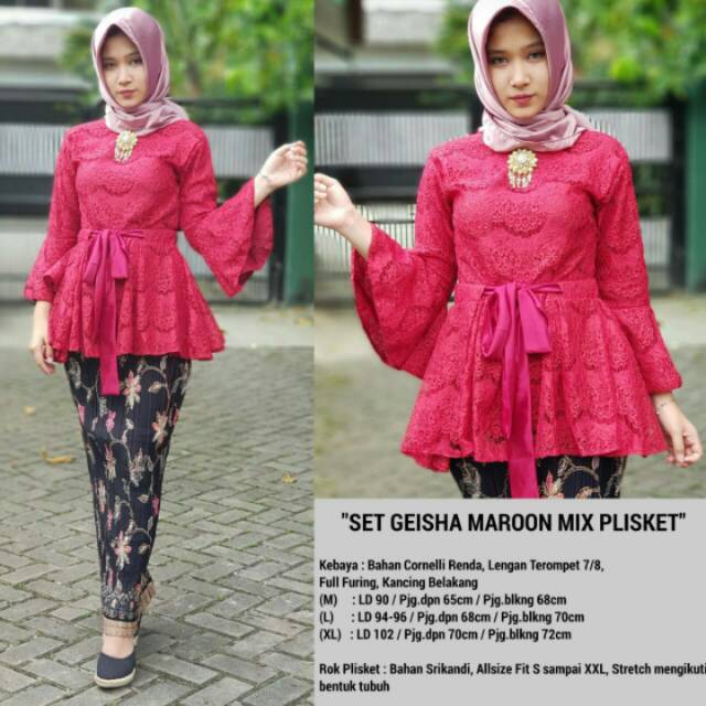 KEBAYA MURAH/KEBAYA COUPLE/KEBAYA BRUKAT/BROKAT/PLISKET/SET GEISHA MAROON MIX PLISKET