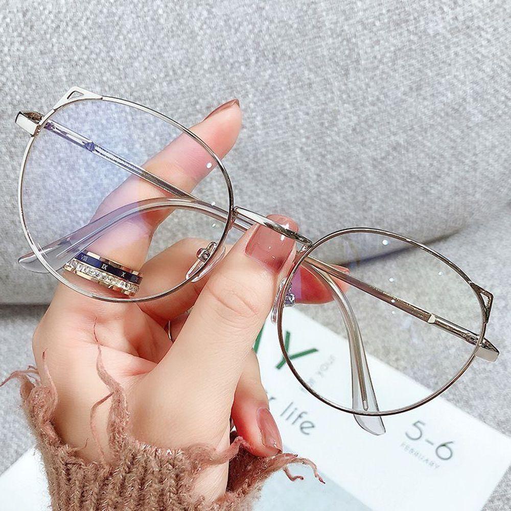 Needway Kacamata Anti Blue Light Wanita Korea Cat Ear Shape Frame Bingkai Logam Bulat Fashion Anti Radiasi Komputer Eyeglasses