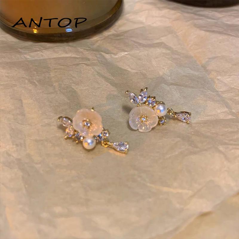 Anting Stud Desain Bunga Mutiara Gaya Retro Perancis Untuk Wanita