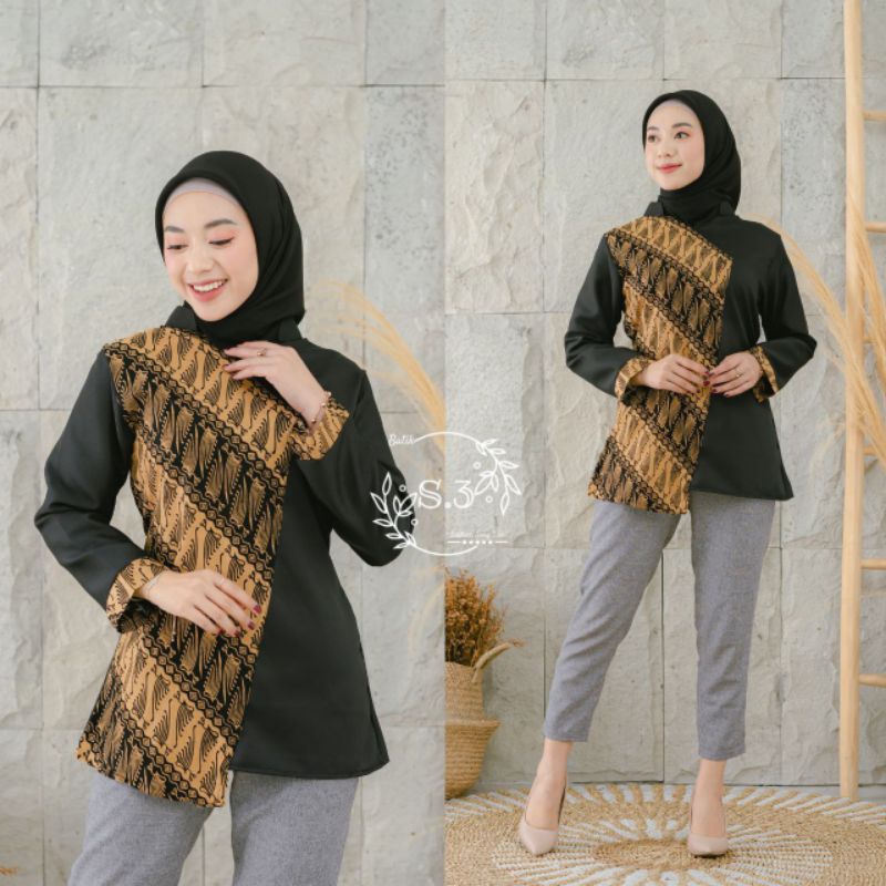 tey-17 Batik wanita ASJ SA HRB026 Kenongo Kemeja Tosca Pendek-Ayya Blouse New
