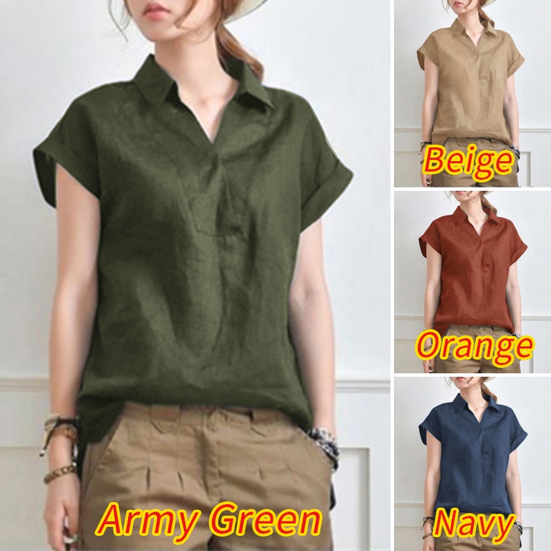 ZANZEA Women Summer Short Sleeve Plus Size Cotton Blouse Solid Color Shirts