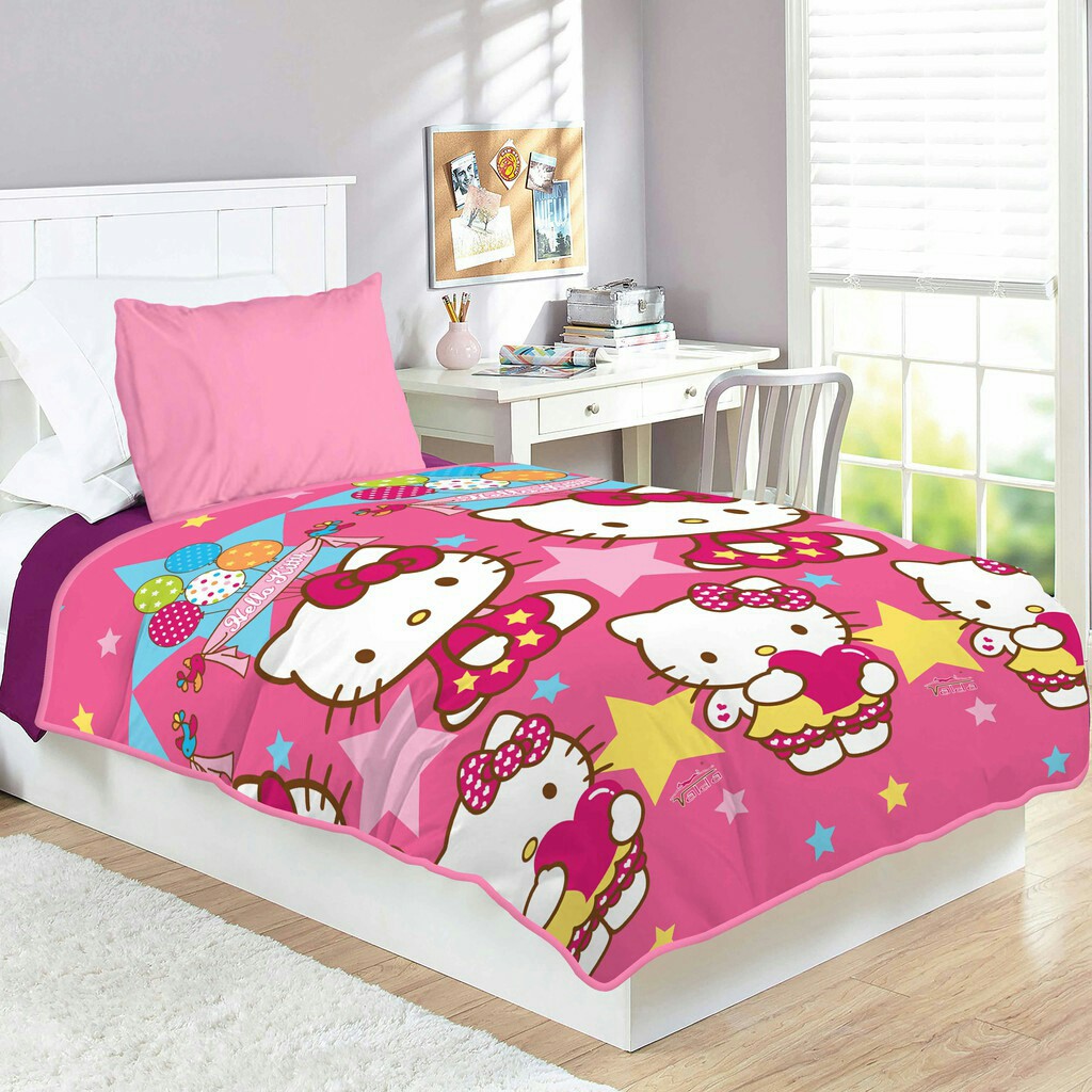 Selimut Valda Sutra Rotary 150x200 Doraemon Hello Kitty Frozen Keroppi LOL Mickey Tsum Unicorn Pony-Hello Kitty