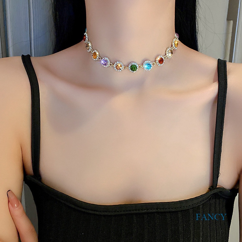 Kalung Choker Rantai Klavikula Kristal Geometris Warna-Warni Untuk Perhiasan Wanita