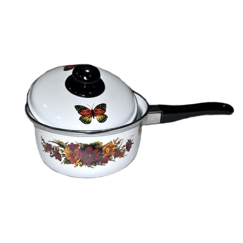 PANCI SUSU ENAMEL / SAUCE PAN 16 CM GAGANG HITAM DENGAN TUTUP