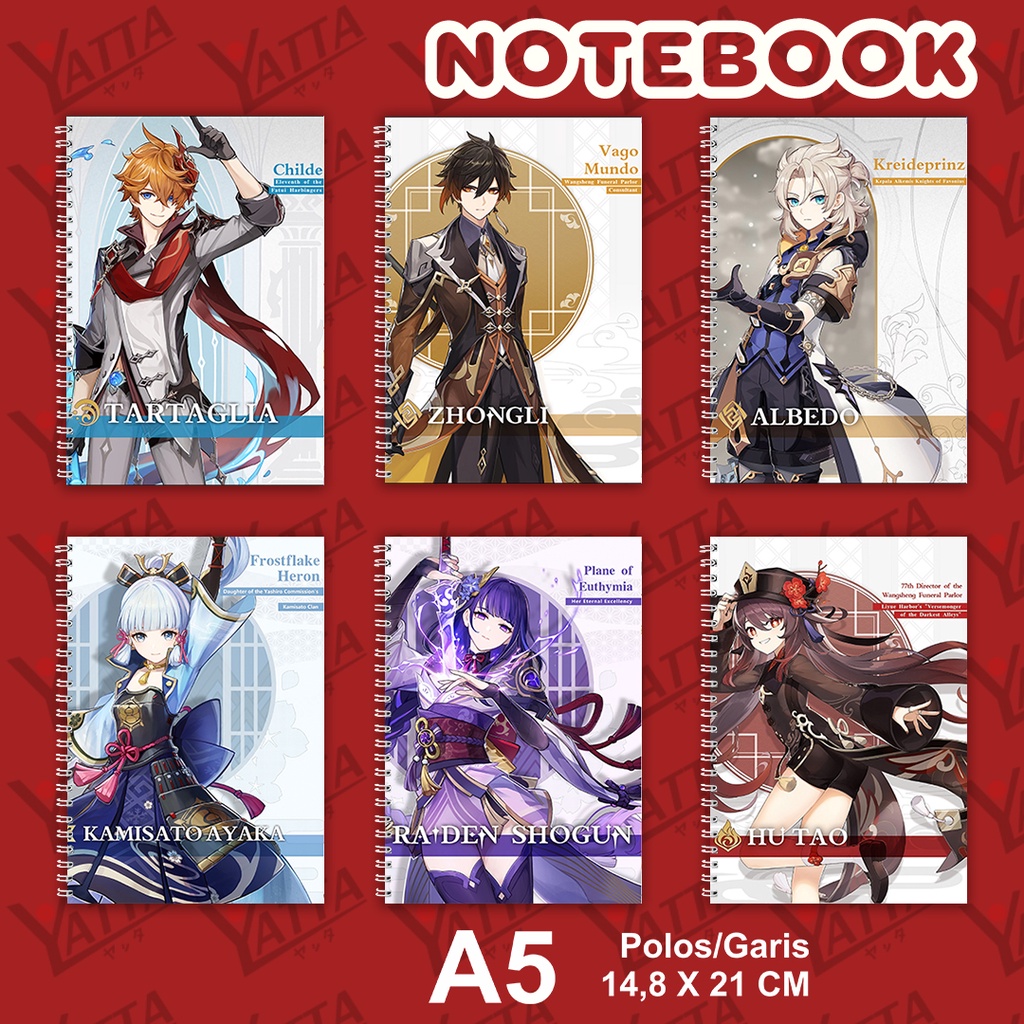 

Notebook Anime ukuran A5 14,6 cm x 21 cm Genshin Impact Zhongli Tartaglia Hu Tao Albedo Sayu Seri3