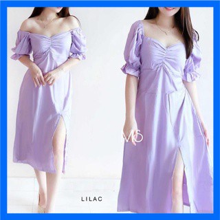 Trend Kekinian Dress Lilac Moscrepe Natal Korean Style Dress Wanita Gaun Pesta Modis Party Kondangan