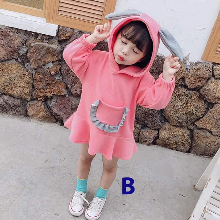 Dress Bunny Hodie Warna Pink Fanta Baju Terusan Anak Perempuan Fashion
