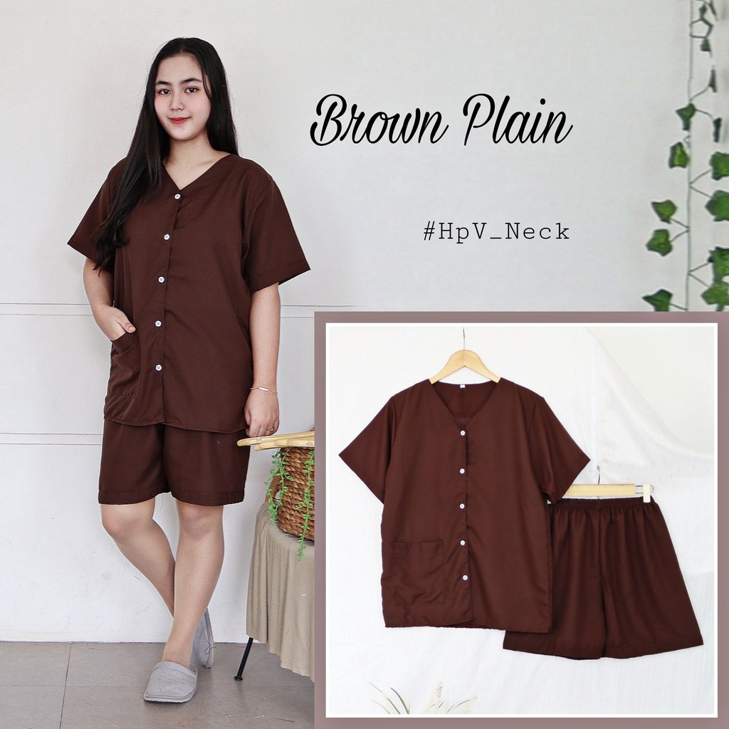 IZANY Piyama Dewasa Hotpant V Neck all size  / HP Celana Pendek  PLAIN Polos-BROWN PLAIN