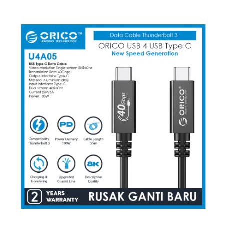 Type-c thunderbolt to usb c 4.0 cable Orico 50cm 40GBps 100w pd 8k 60hz usb4 u4a-05 u4a05