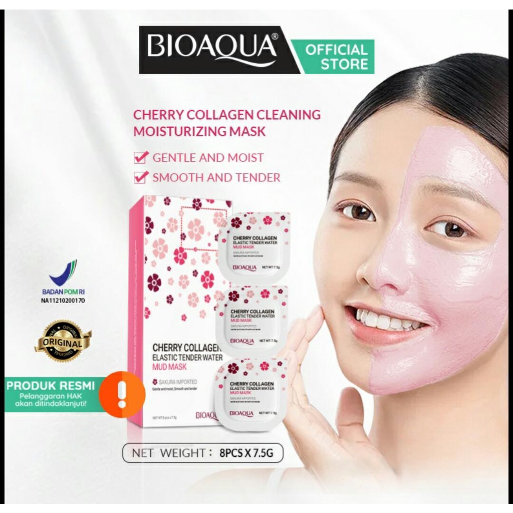 [BPOM] BIOAQUA Cherry Collagen Elastic Tender Water Mud Mask 7.5 g × 8 pcs