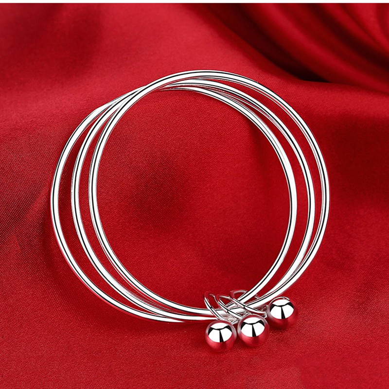 925 Sterling Silver Gelang Wanita Tiga Lingkaran Bell Gelang Fashion Jewelry