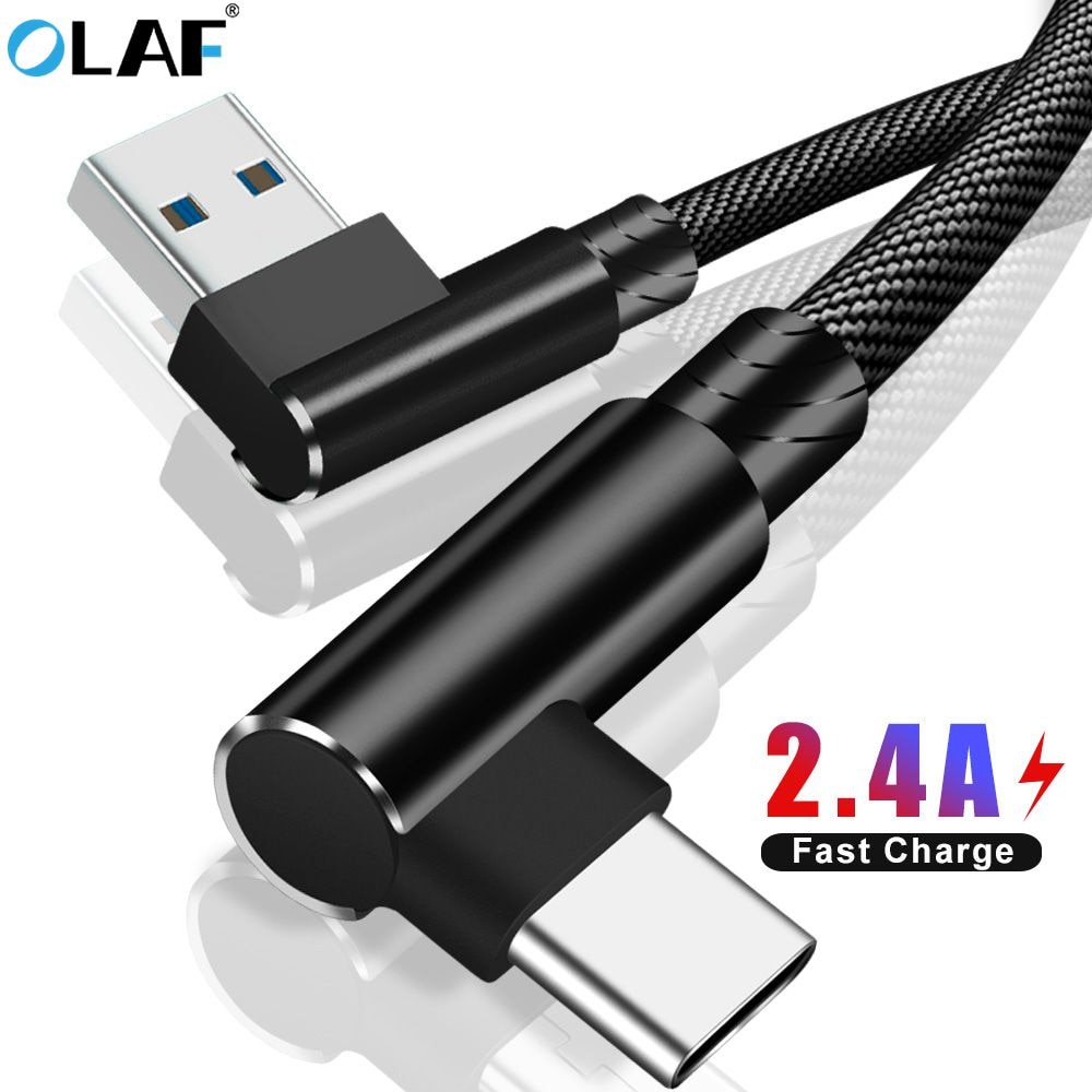 Kabel Charger USB Type C L Shape 2.4A 1 Meter - Black