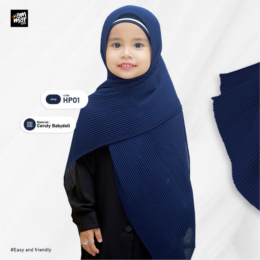Ammarkids - Kerudung Anak- Illaya Pashmina Plisket Instant - Navy- Termasuk Ciput