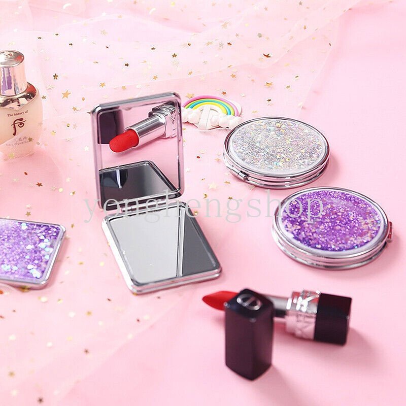 Cermin Saku Lipat Mini Portable Dua Sisi Motif Pasir Glitter Untuk Makeup / Kosmetik Wanita
