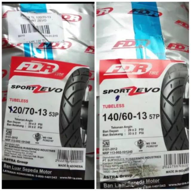 FDR SPORT ZEVO UNTUK MOTOR NMAX SEPASANG 2 BAN UK 120/70 & 140/60 RING 13 TUBELES