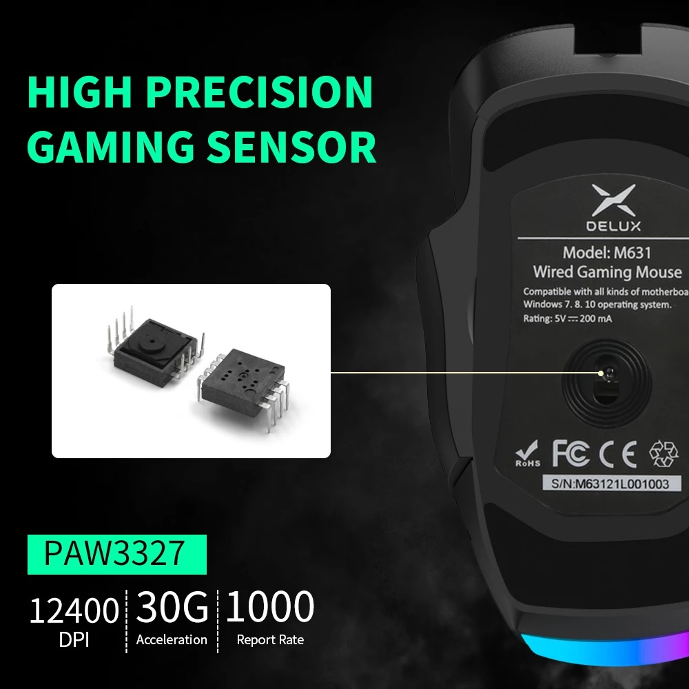 Delux M631 MMO / MOBA Gaming Mouse RGB PAW3327 Sensor