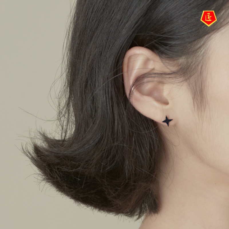 [Ready Stock]Dark Cool Girl Black Star Silver Stud Earrings