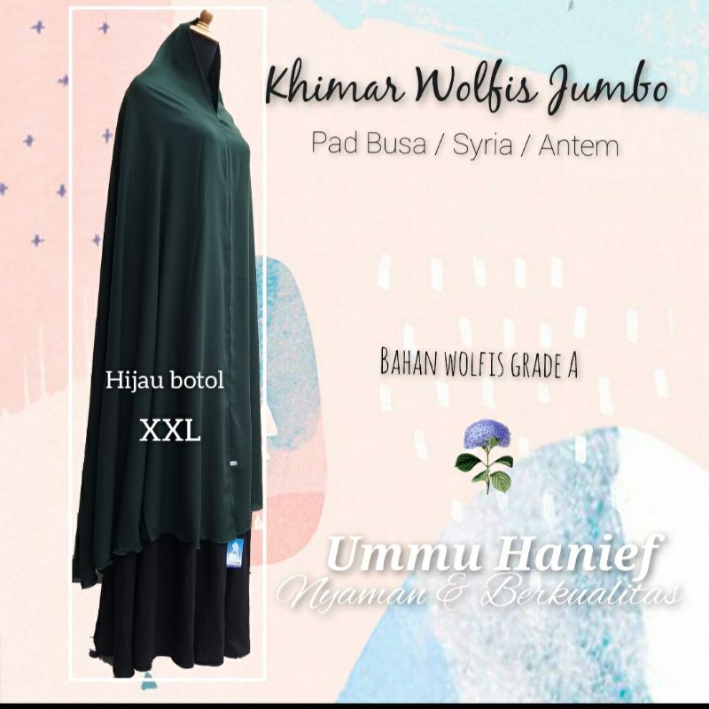 Khimar Syar'i pad syria ( NON pad )   bahan wolfis grade A ukuran L , XL dan XXL-Hijau botol