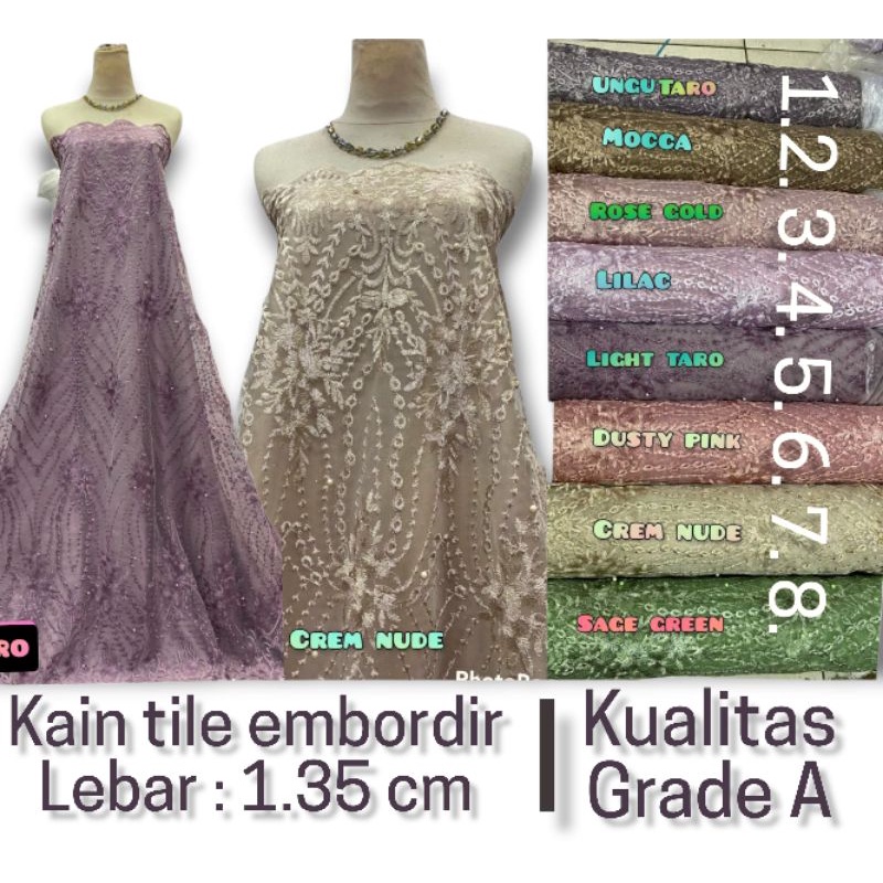 Kain Tile Bordir Mutiara Gliter,Brokat embordir,Brukat Kebaya modern,Tulle Bordir Gliter,Tile Brukat