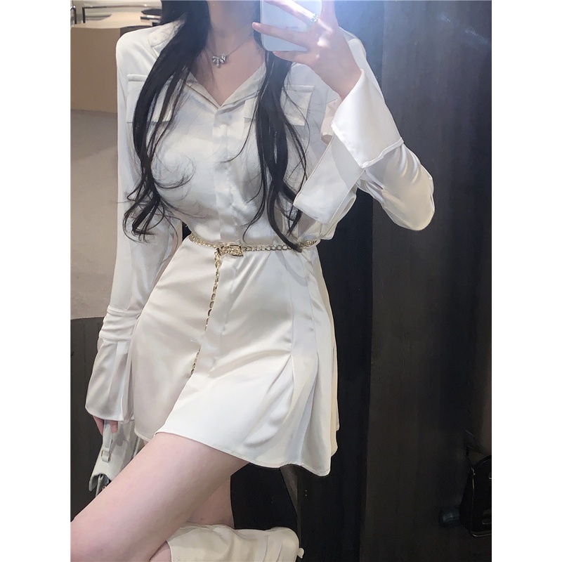 midi dress korea satin shirt dress lengan panjang putih rok pendek A-line