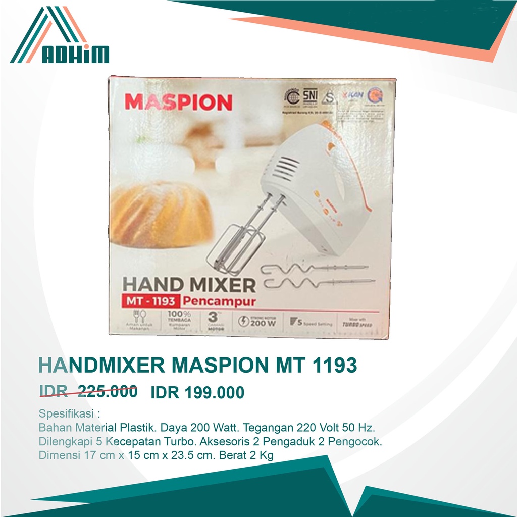 Hand Mixer Mixer Tangan Maspion MT-1193 MT1193