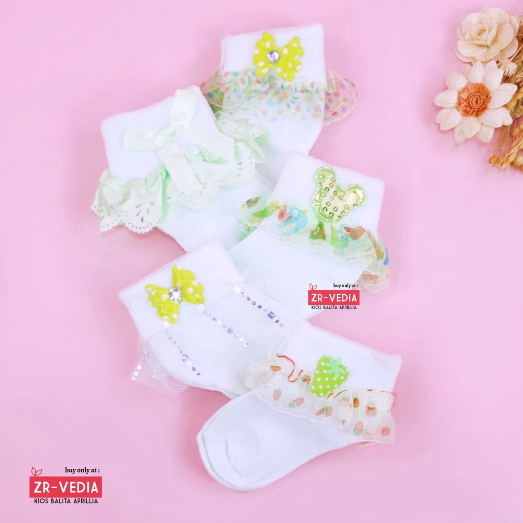 [HIJAU MUDA] Kaos Kaki Pita Renda &amp; Prewalker Socks 3D Bayi / Baby Perempuan Import Anti Slip Murah Polos Stretch Rajut Halus  Kiosbalitaaprillia