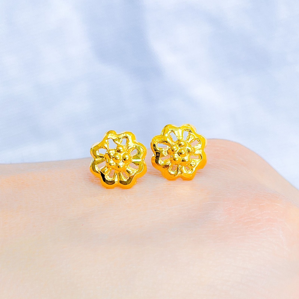 Anting duduk anak dan dewasa emas asli kadar 700 70 16k 3D bunga like kendari simpel giwang kerabu paku cucuk stud ringan 0,5 gr gram g setengah gold earrings