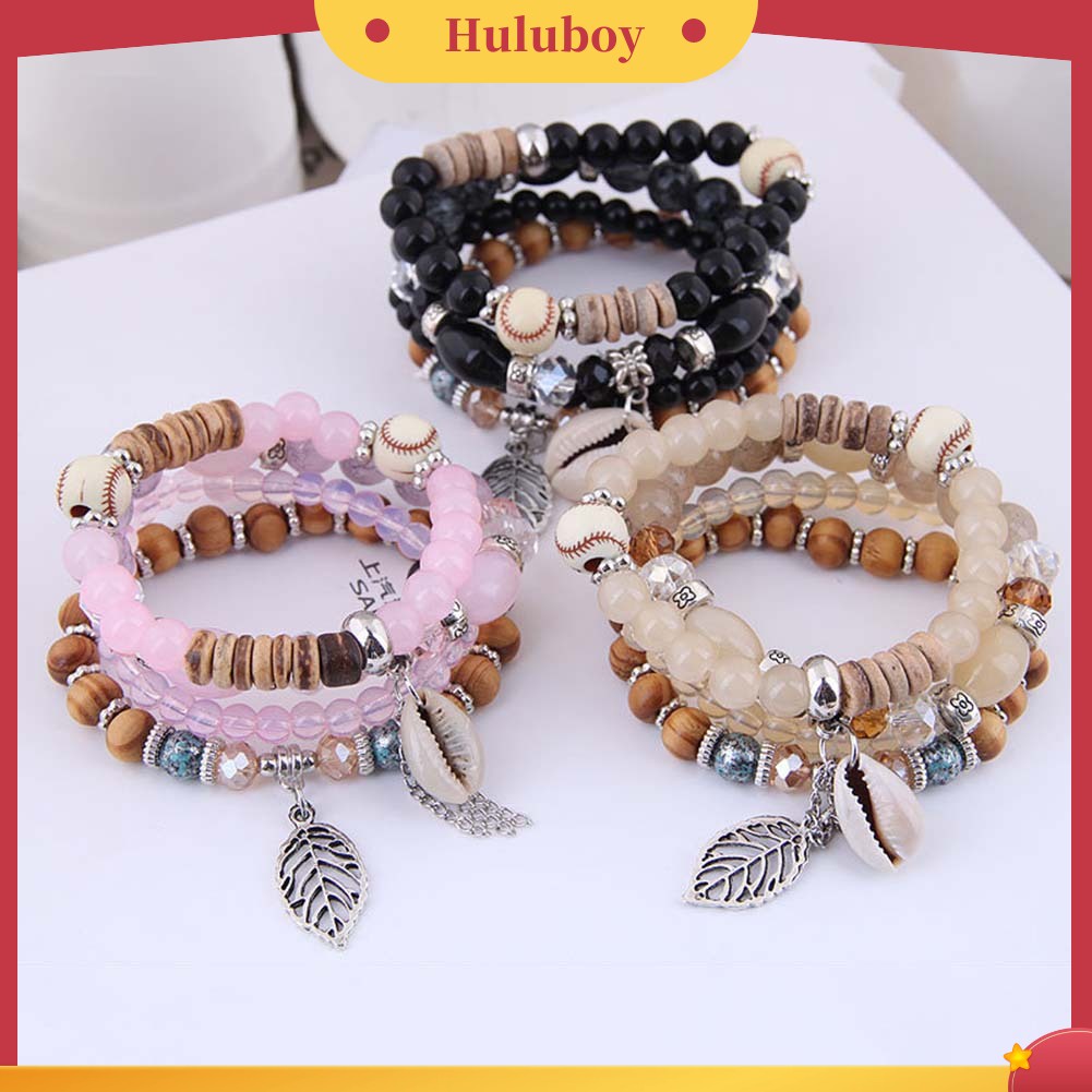 Hu Hu Hu Hu Hu Alat Bantu Pasang Kacamata♡ 4pcs / Set Gelang Elastis Gaya Bohemian Aksen Kerang / Daun / Manik-Manik Warna Permen Untuk Wanita