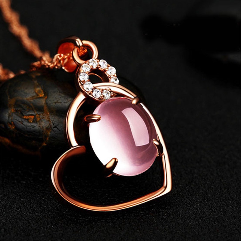 [Ready Stock]Fashion Silver Plated Love Heart Pink Crystal Pendant Necklace