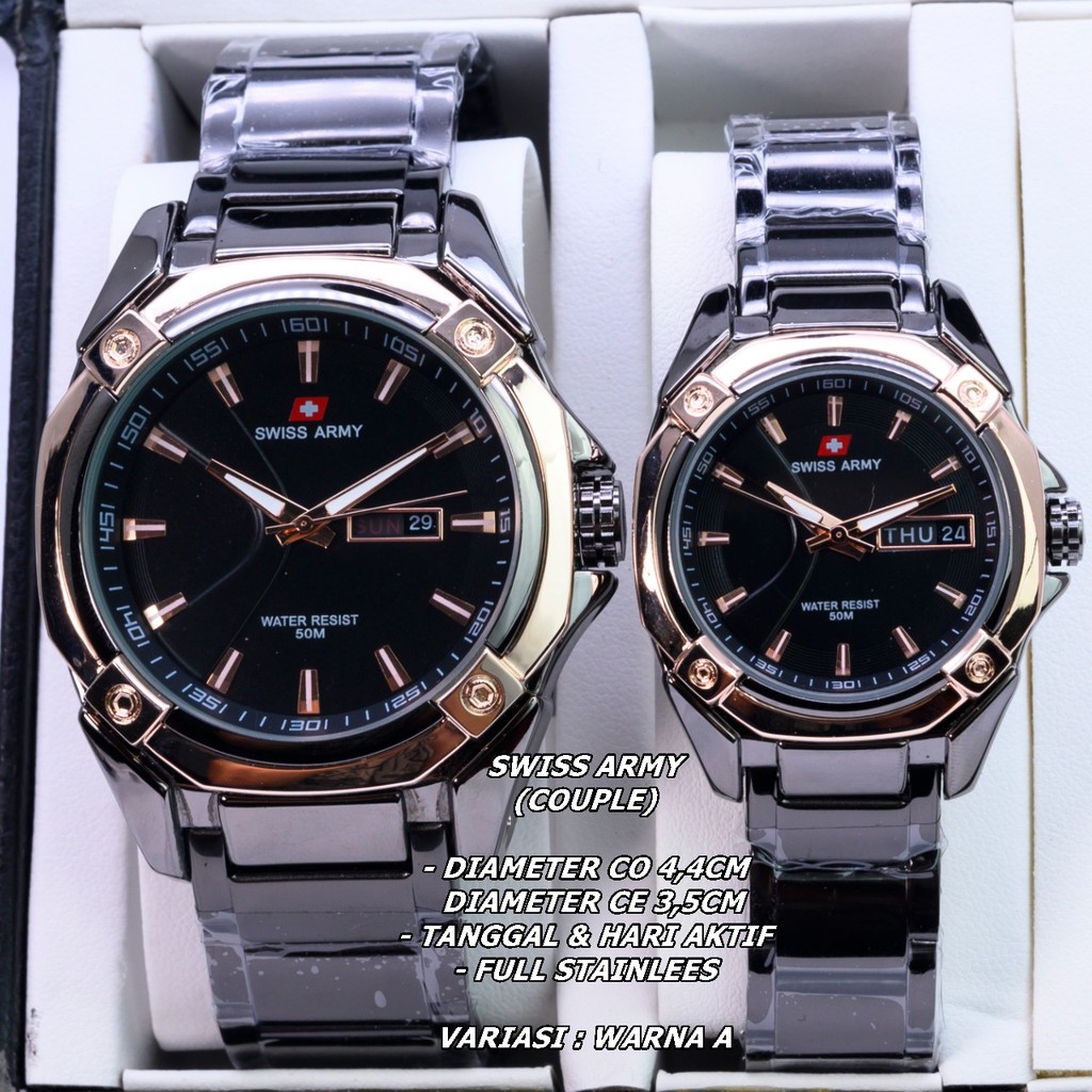 JAM TANGAN COUPLE RANTAI BODY BULAT TANGGAL &amp; HARI AKTIF