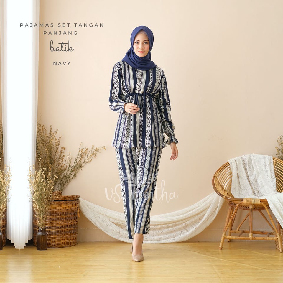 vSamantha - Pajamas Set / Piyama Set Muslim Busui Friendly - Tangan Panjang , Celana Panjang-Batik Navy