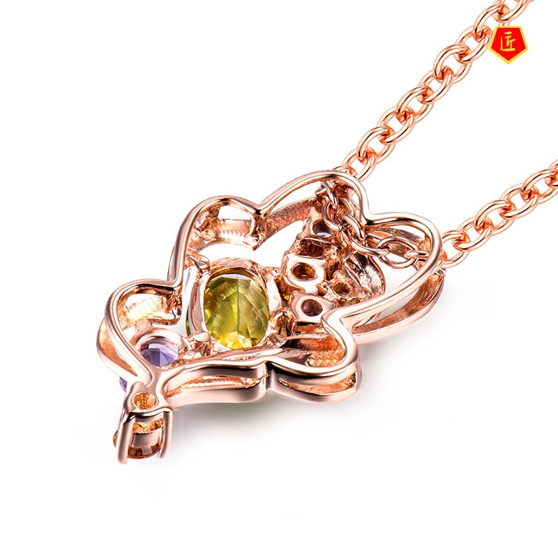 [Ready Stock]Leaf-Shaped Colorful Gemstone Pendant 18K Rose Gold Exquisite Elegant