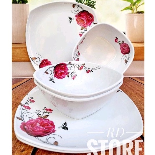 PROMO SET 6.PCS / ISI 3.PIRING &amp; 3.MANGKOK MOTIF ROSE MELAMINE