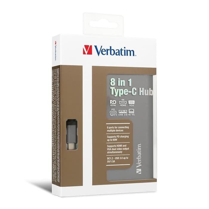 Verbatim Type-C Hub with VGA, HDMI, RJ45, USB3.0x2, PD 60W, SD &amp; Earja |