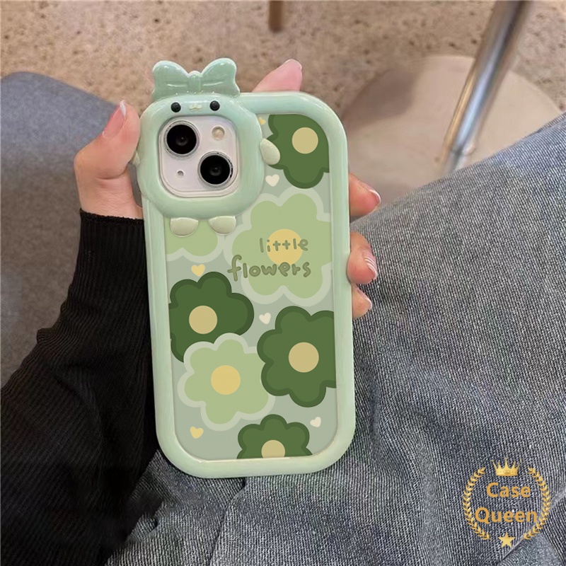 Casing Oppo A17 A95 A16K A16E A52 A92 A96 A7 A5S A12 A3S A12E A53 A74 A17K A76 Reno 5 5F 4F A55 A16s A15 A15s A16 A57 A5 A9 A54 A31 Bow-knot Little Monster Fresh Green Flower Case