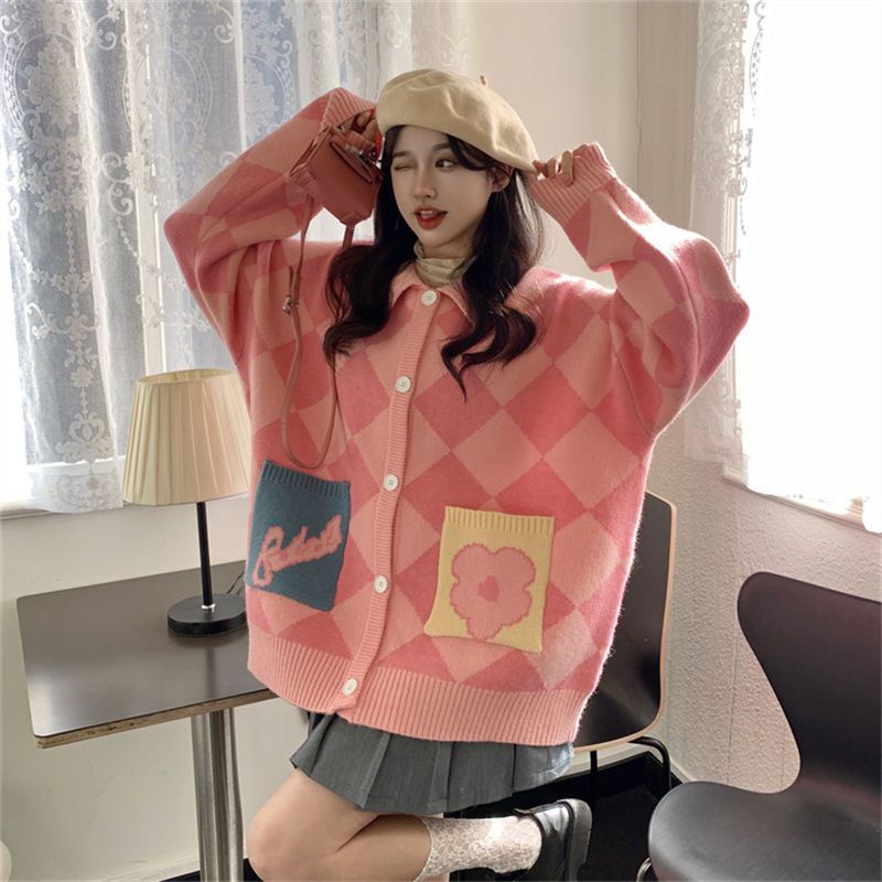 IMPORT KAYLA WOMAN KNIT OVERSIZED ARGYLLE CARDIGAN WINTER AUTUMN KOREAN STYLE KARDIGAN RAJUT WANITA MUSIM DINGIN