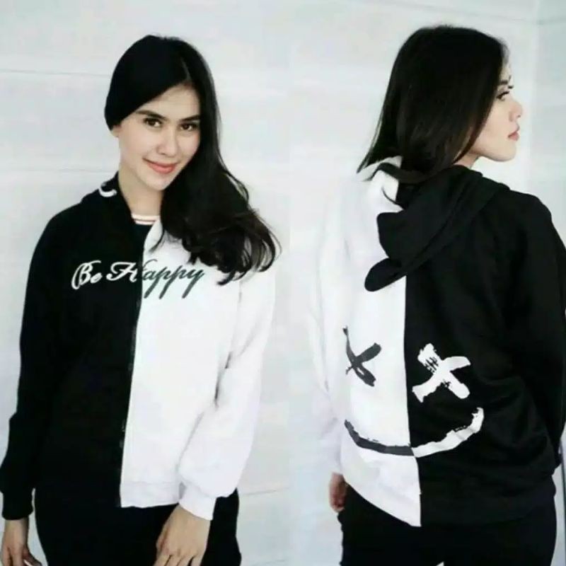 TERBARU sweater hoodie wanita be happy marshmellow good quallity-Hitam/putih be happy