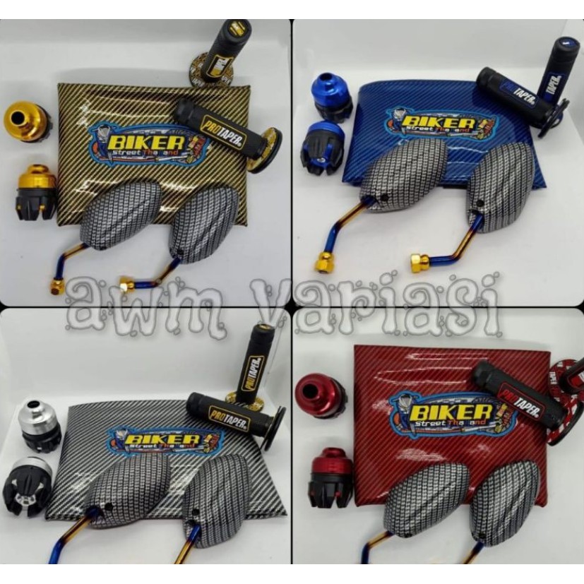 [Paket 4item] Kulit Jok Karbon + Spion Beat Twotone + Jalu As Roda Depan + Grip Protaper - Universal