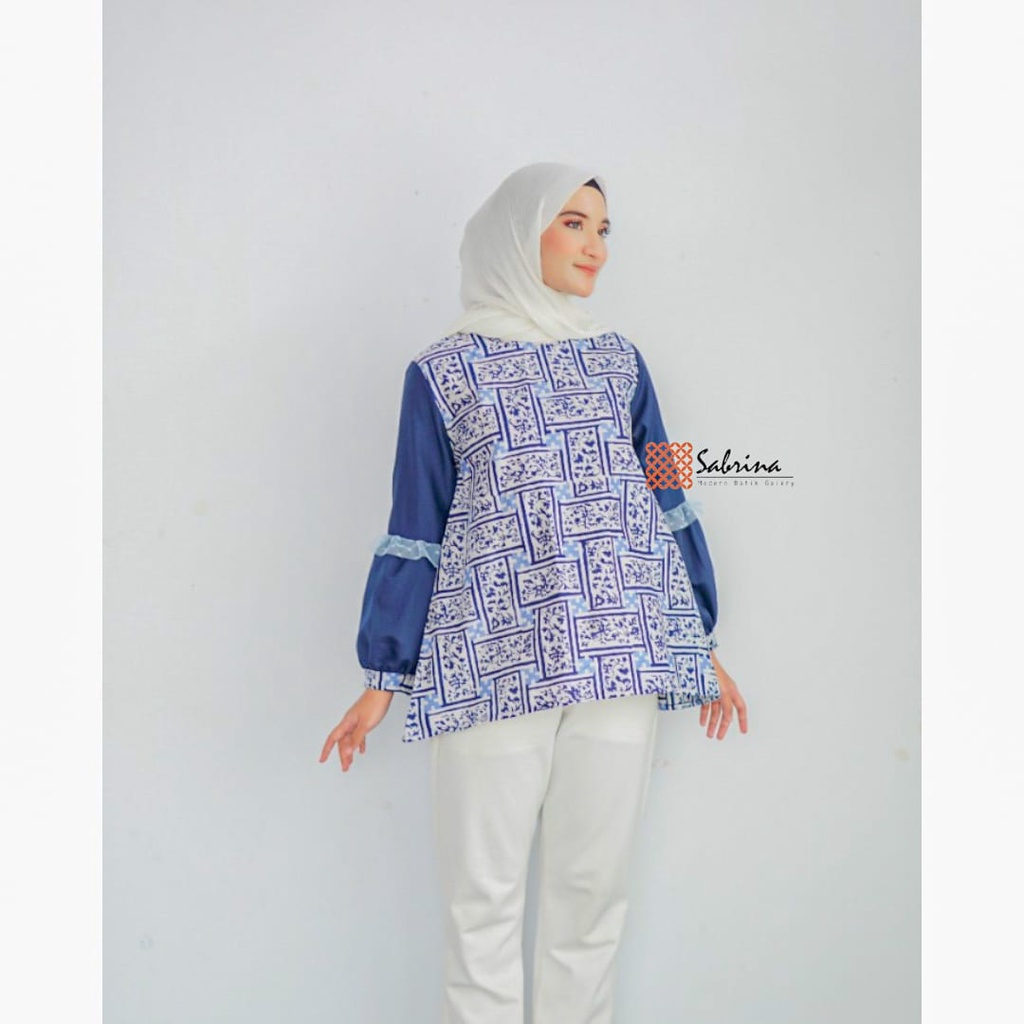 Kyara Blouse Batik Wanita Modern Kekinian Cap Katun Navy Elegan