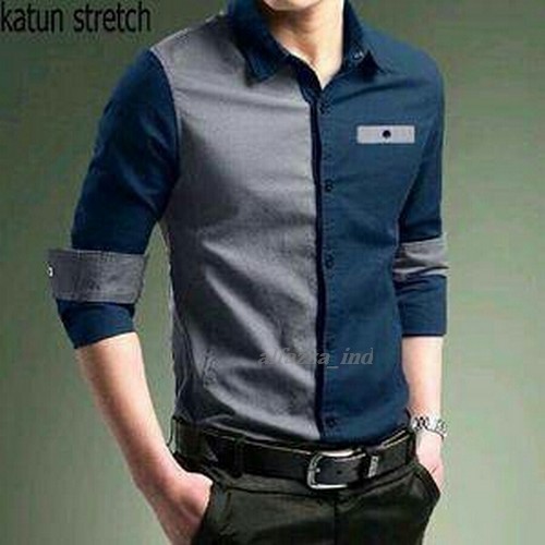 Kemeja Hem Lengan Panjang Pria Kombinasi GQ325 Combo Navy Ot Kemeja Pria Katun Stretch