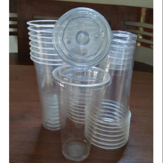 Gelas Cup plastik tutup datar 18oz - 25 pcs