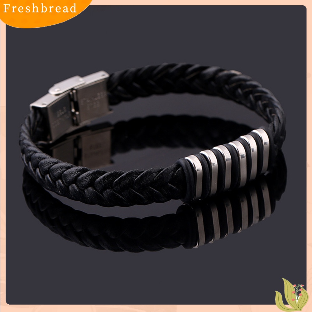 [TERLARIS]Braided Faux Leather Wristband Titanium Steel Men Bracelet Punk Bangle Jewelry