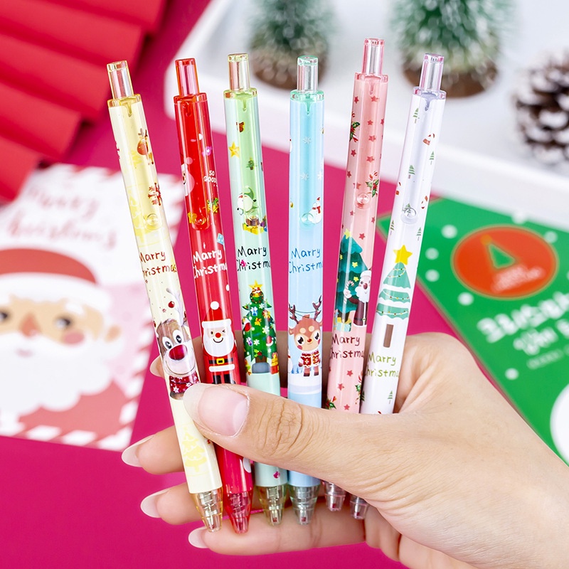 Pulpen Gel Hitam Retractable Motif Kartun Snowman / Rusa / Pohon Natal Untuk Stationery Sekolah / Kantor