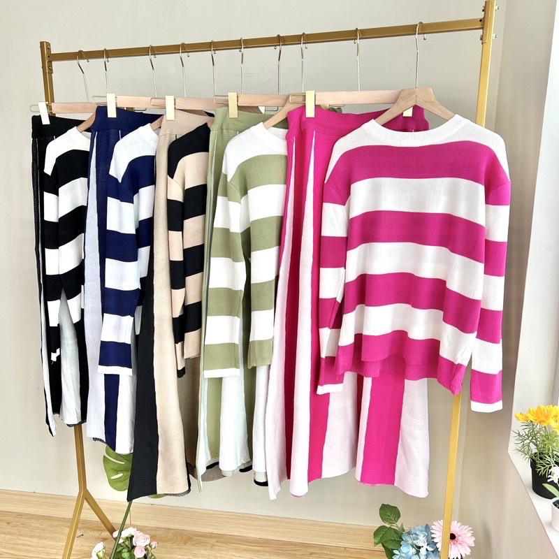 Knit One Set Salur Fuji / Baju Setelan Rajur Wanita Import