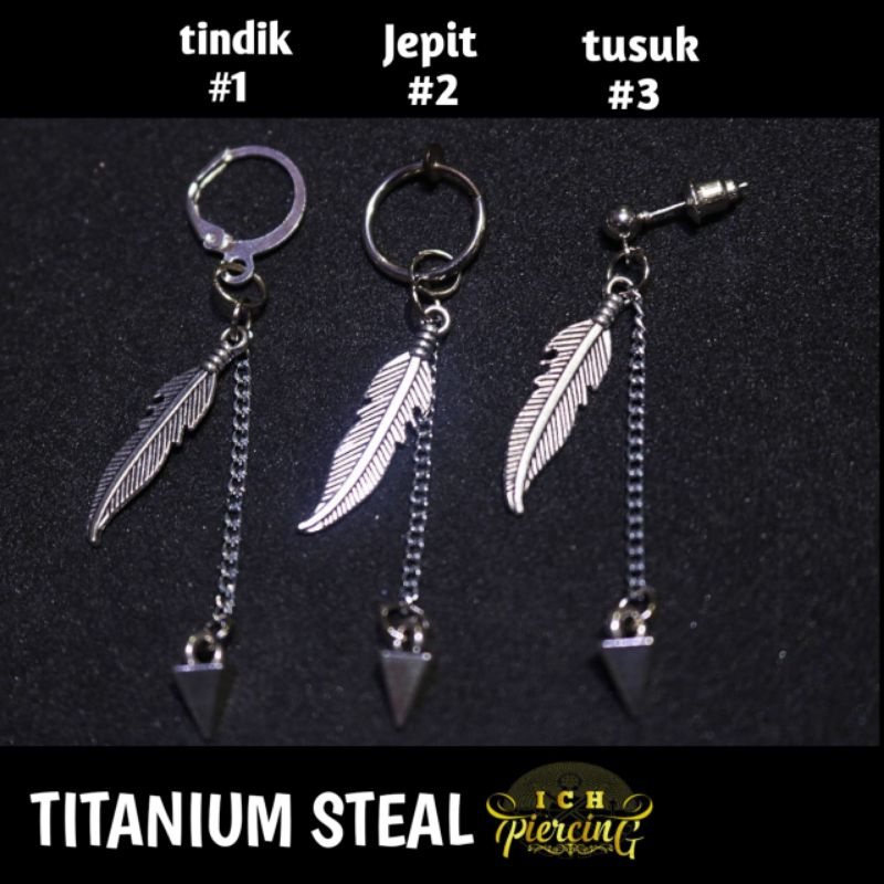 Anting Model Bulu Fashion Pria Wanita Korea Tindik/Tusuk/Jepit / Anting Titanium Model Bulu Bandul