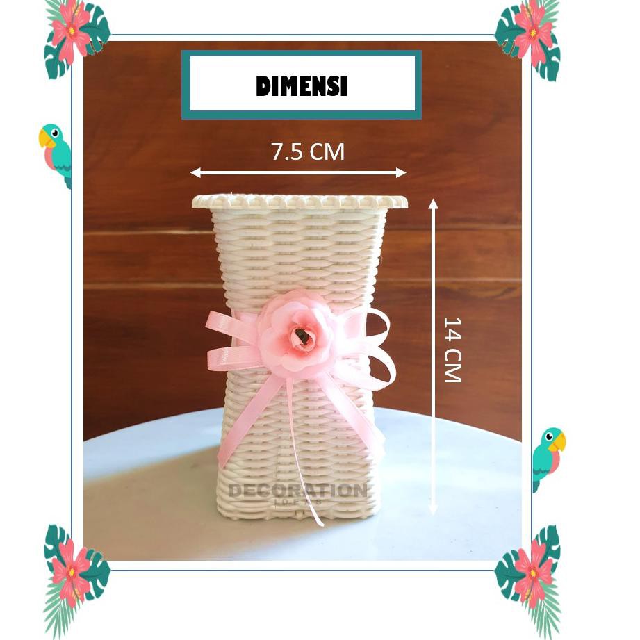 ✼F12817♗ [BEST SELLER] Pot Vas Bunga Rotan Kotak Putih + Pita Pink Pot Plastik Cantik Murah ✻
