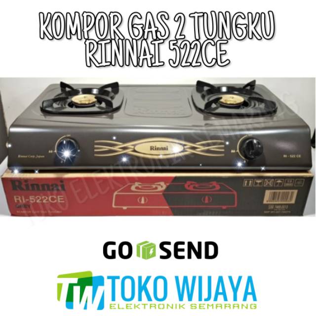 RINNAI KOMPOR GAS 2 TUNGKU 522E 522CE 522C SI API BIRU BURNER KUNINGAN BODY TEFLON / STAINLESS STEEL