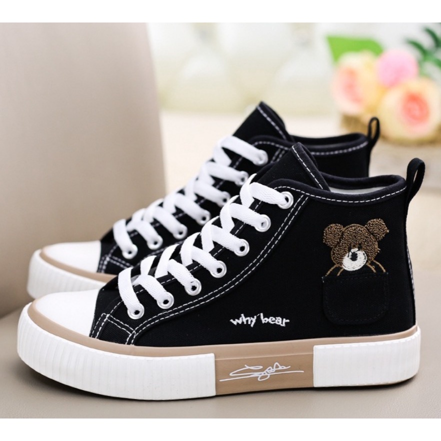 Sepatu Kanvas Import RWS 9222 Wanita Motif Bear / Sneakers High Bear sepatu papan serbaguna