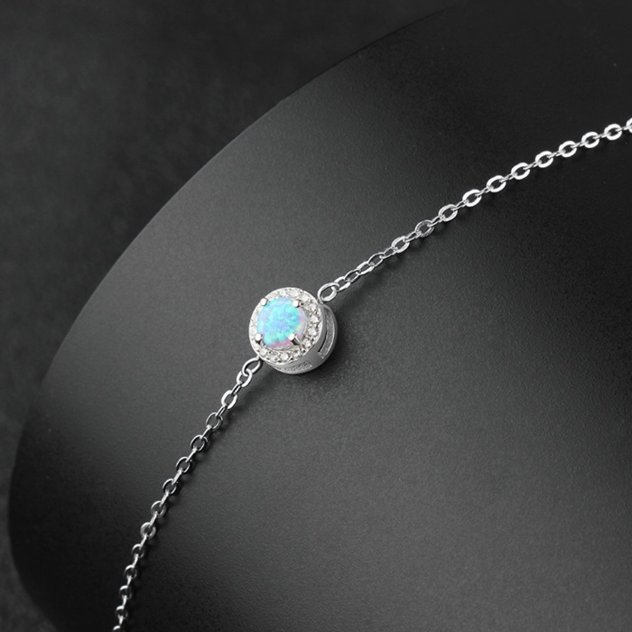 Classic 925 Silver Created Round Blue Opal Stone Bracelets for Women Cubic Zirconia Fine Jewelry Gift