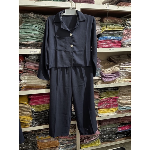 ONE SET CROP TOP BLEZER || KEMEJA CROP CRINGKLE || SET WANITA-NAVY